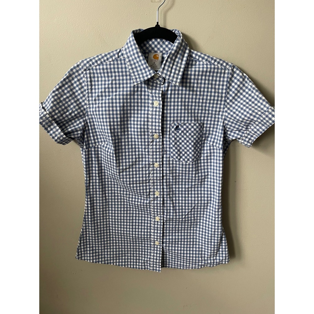 Carhartt Womens Blue Gingham Short Sleeve Button Down Shirt Size M 8/10